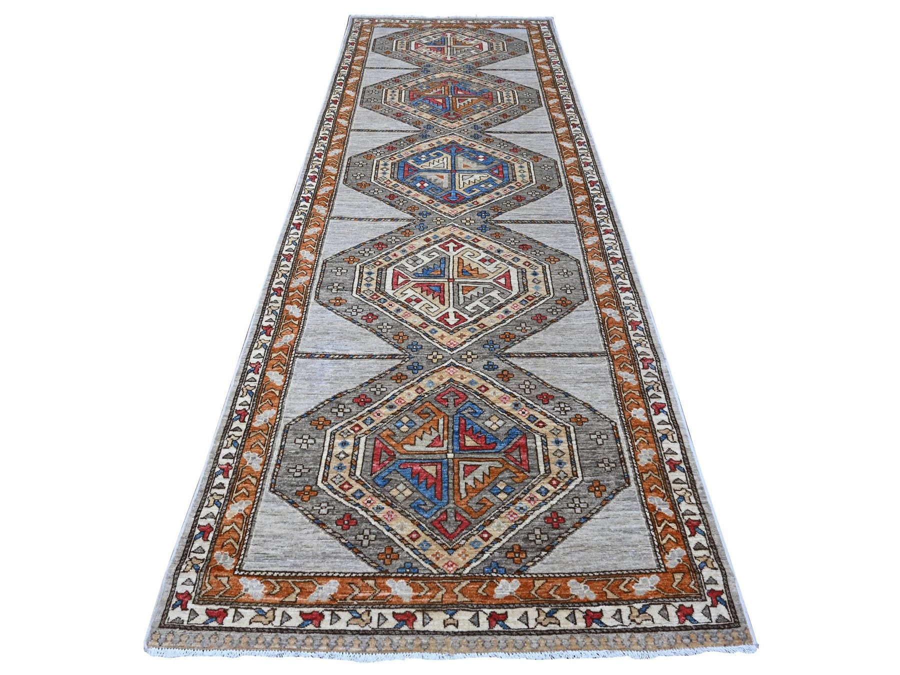 Gray 3'11" x 11'6" Tribal Hand knotted Wool Rug - Sku: O088929