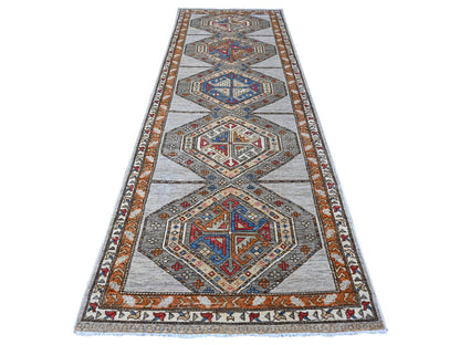 Grey 3'11" x 11'6" Tribal & Geometric Hand knotted Wool Rug - Sku: O088929