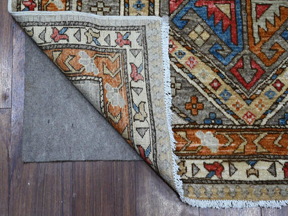Grey 3'11" x 11'6" Tribal & Geometric Hand knotted Wool Rug - Sku: O088929