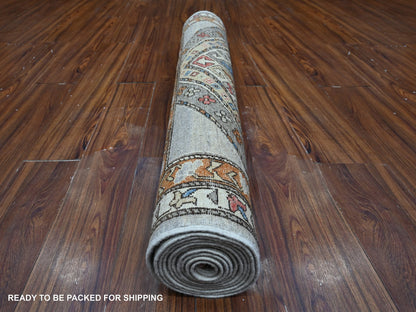 Grey 3'11" x 11'6" Tribal & Geometric Hand knotted Wool Rug - Sku: O088929
