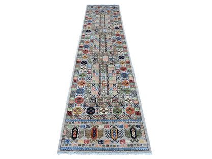 Grey 2'8" x 11'10" Tribal & Geometric Hand knotted Wool Rug - Sku: O088931