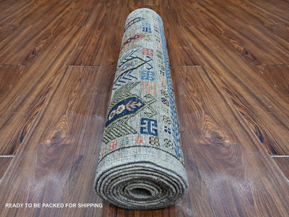 Grey 2'8" x 11'10" Tribal & Geometric Hand knotted Wool Rug - Sku: O088931