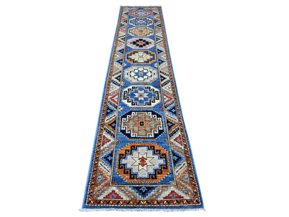 Tribal hand-knotted wool runner in Blue, 2'5" x 11'8", SKU O088932