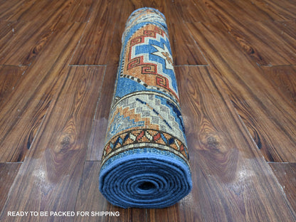 Tribal hand-knotted wool runner in Blue, 2'5" x 11'8", SKU O088932