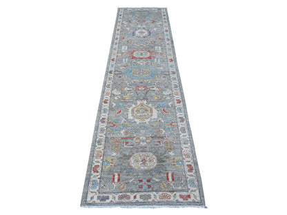 Grey 2'6" x 9'9" Tribal & Geometric Hand knotted Wool Rug - Sku: O089041