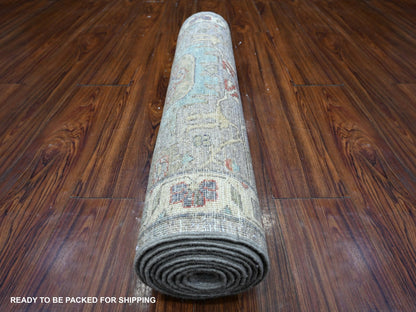 Grey 2'6" x 9'9" Tribal & Geometric Hand knotted Wool Rug - Sku: O089041