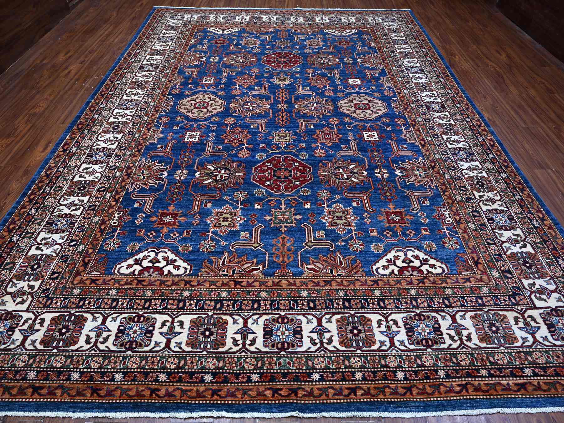 Kazak Tribal hand-knotted wool rug in Blue, 9'10" x 13'5", SKU O089105