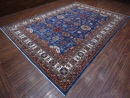 Kazak Tribal hand-knotted wool rug in Blue, 9'10" x 13'5", SKU O089105