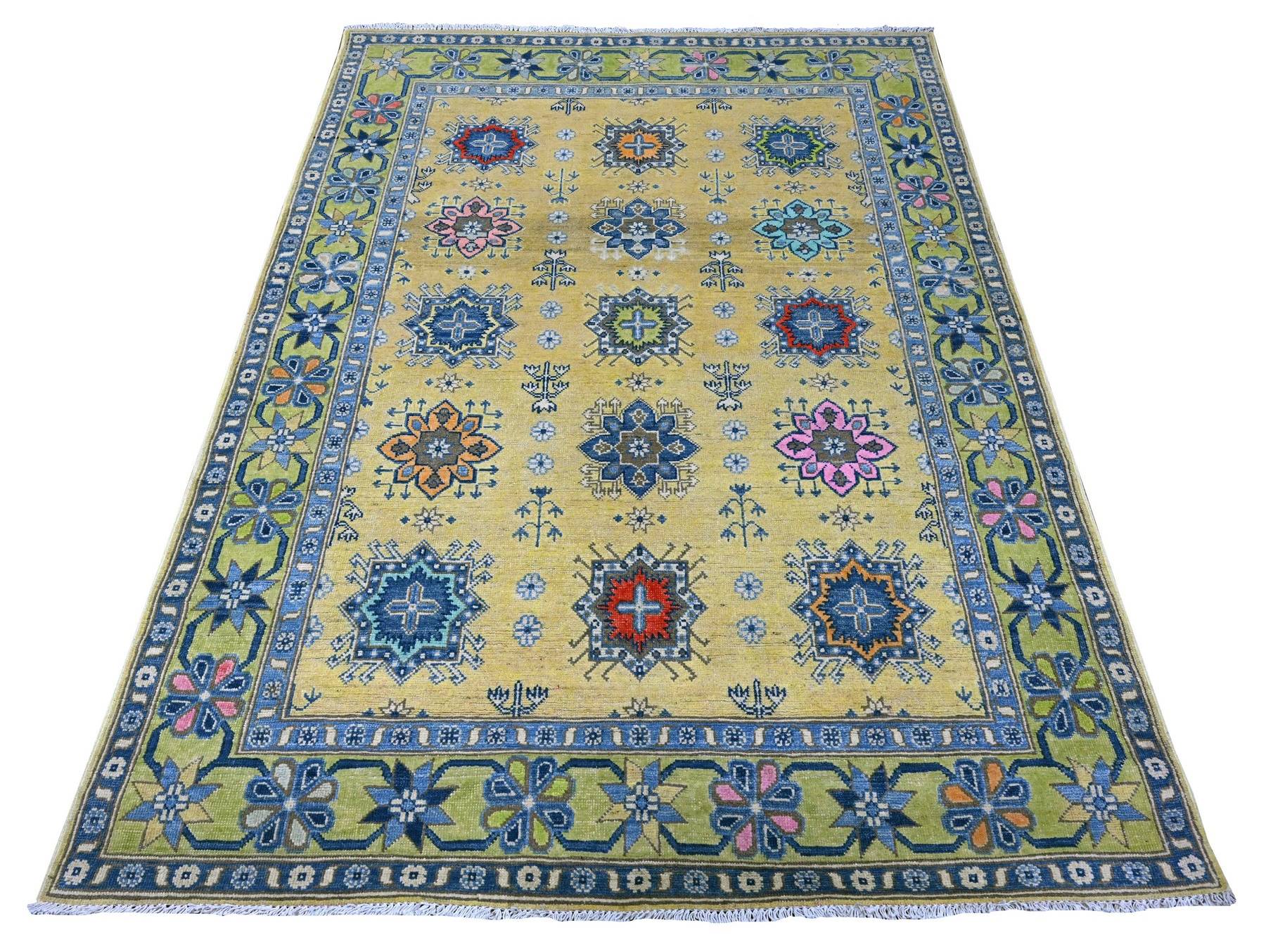 Kazak Tribal hand-knotted wool rug in Yellow, 5'0" x 6'9", SKU O089231