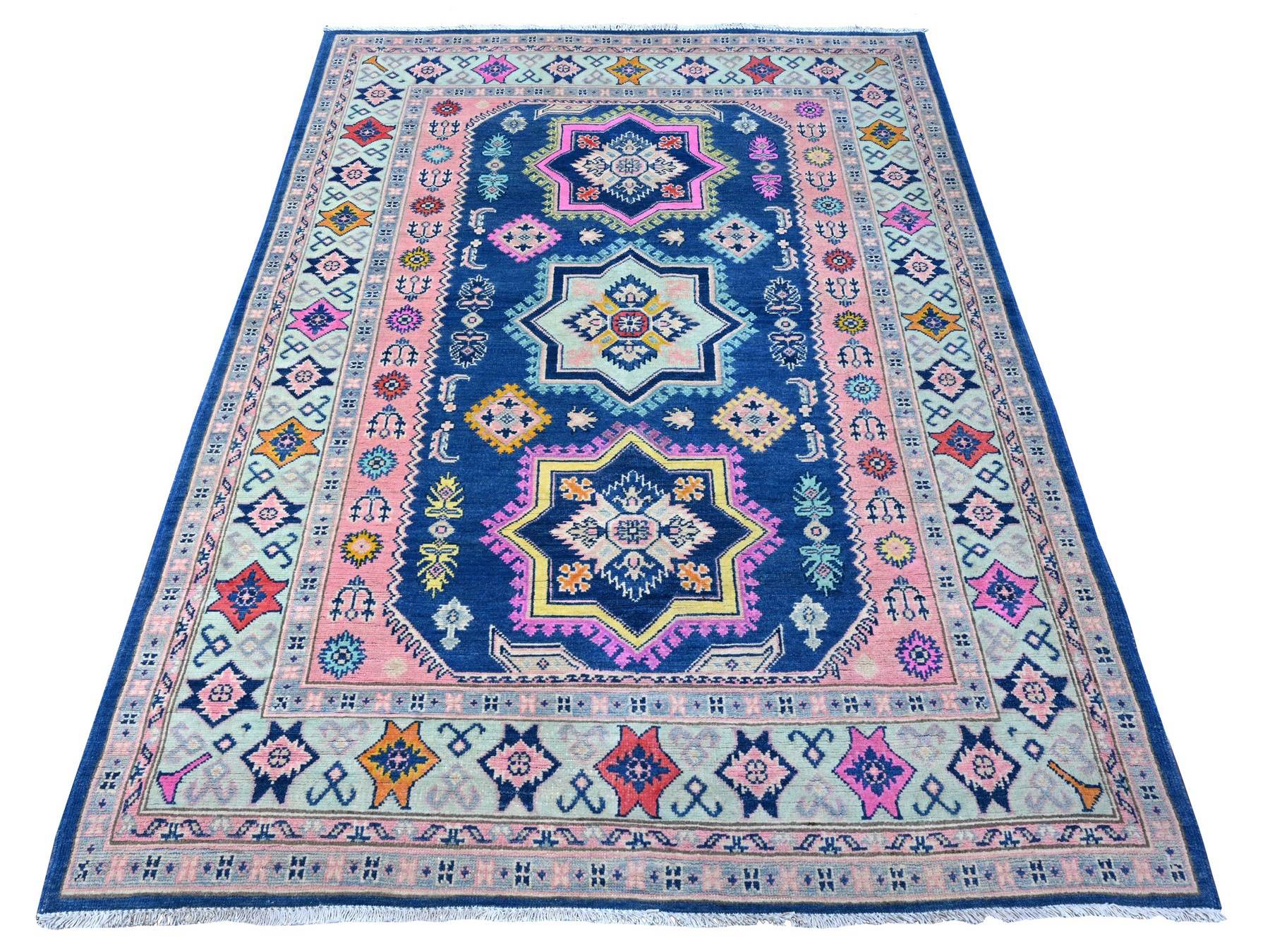 Kazak Tribal hand-knotted wool rug in Blue, 4'11" x 6'10", SKU O089232