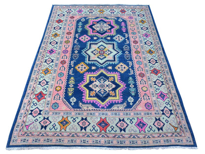 Kazak Tribal hand-knotted wool rug in Blue, 4'11" x 6'10", SKU O089232