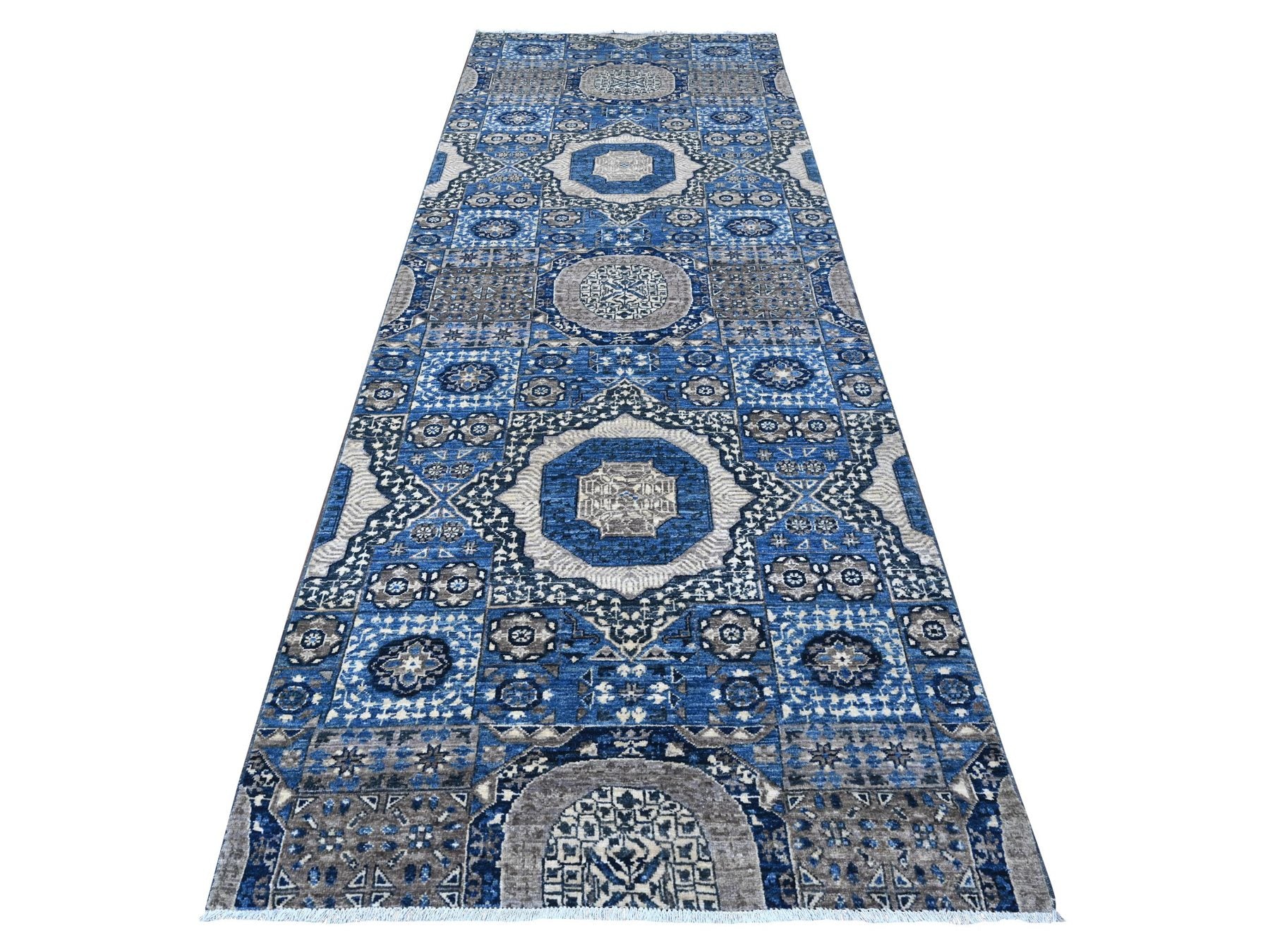 Mamluk Oushak / Peshawar hand-knotted wool runner in Blue, 4'1" x 11'6", SKU O089252