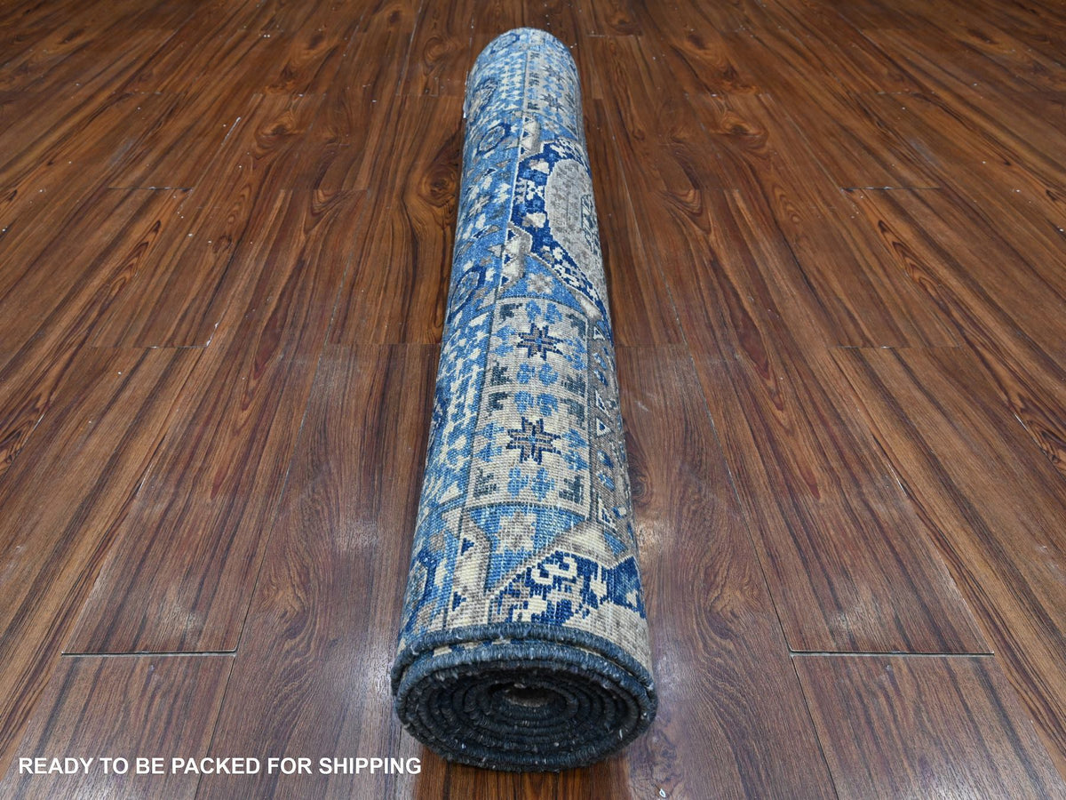 Mamluk Oushak / Peshawar hand-knotted wool runner in Blue, 4'1" x 11'6", SKU O089252