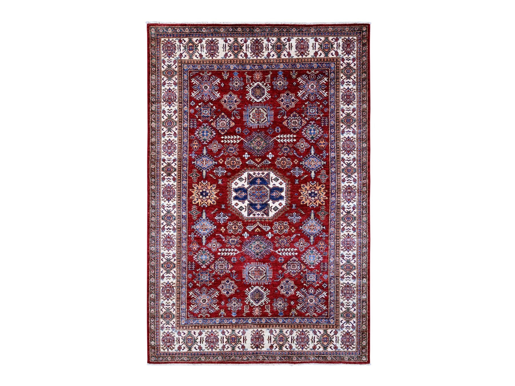 Kazak Tribal hand-knotted wool rug in Red, 6'1" x 9'3", SKU O089301