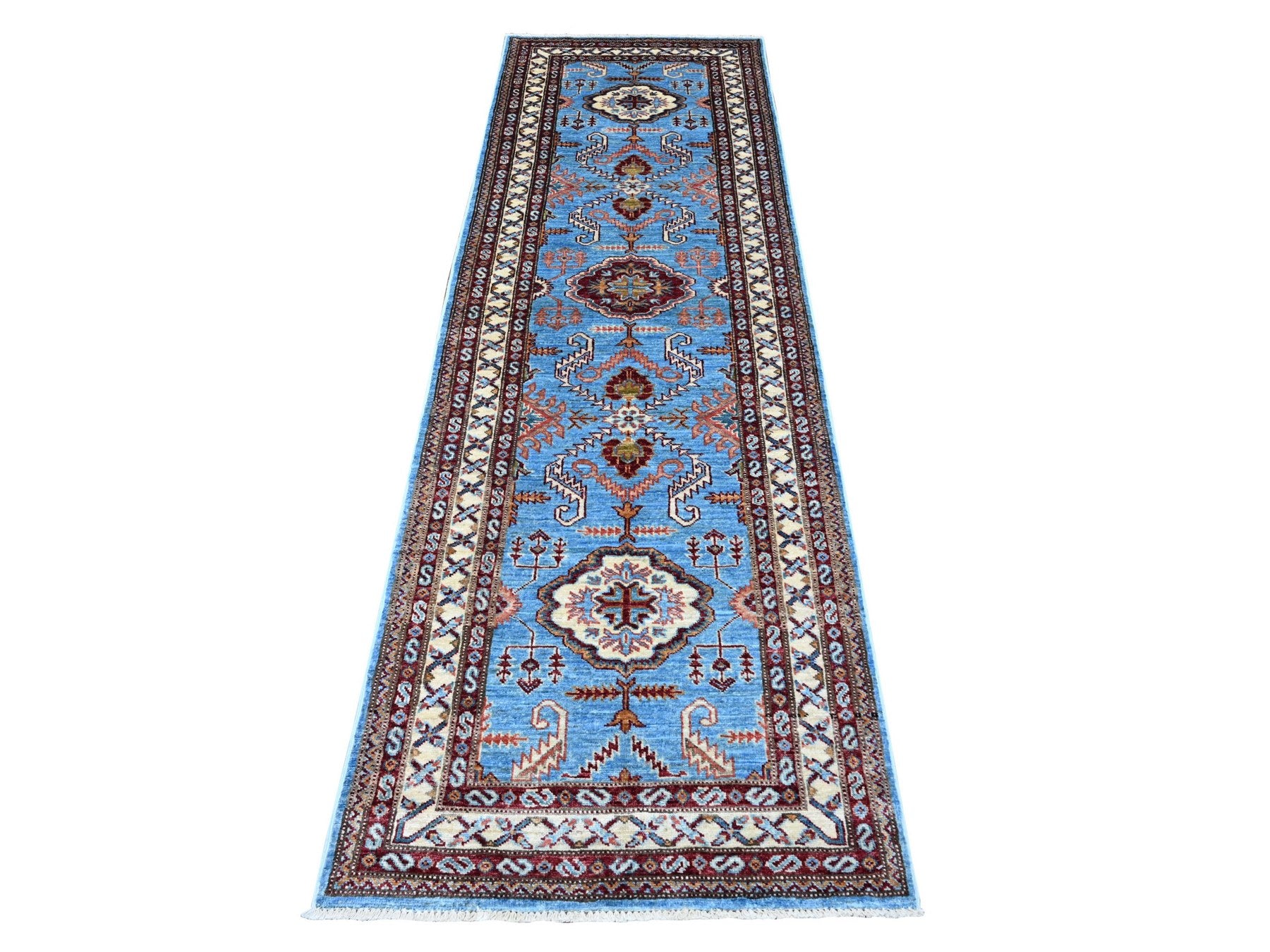 Kazak Tribal hand-knotted wool runner in Blue, 2'9" x 8'8", SKU O089311