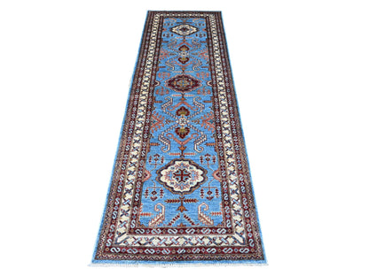 Kazak Tribal hand-knotted wool runner in Blue, 2'9" x 8'8", SKU O089311
