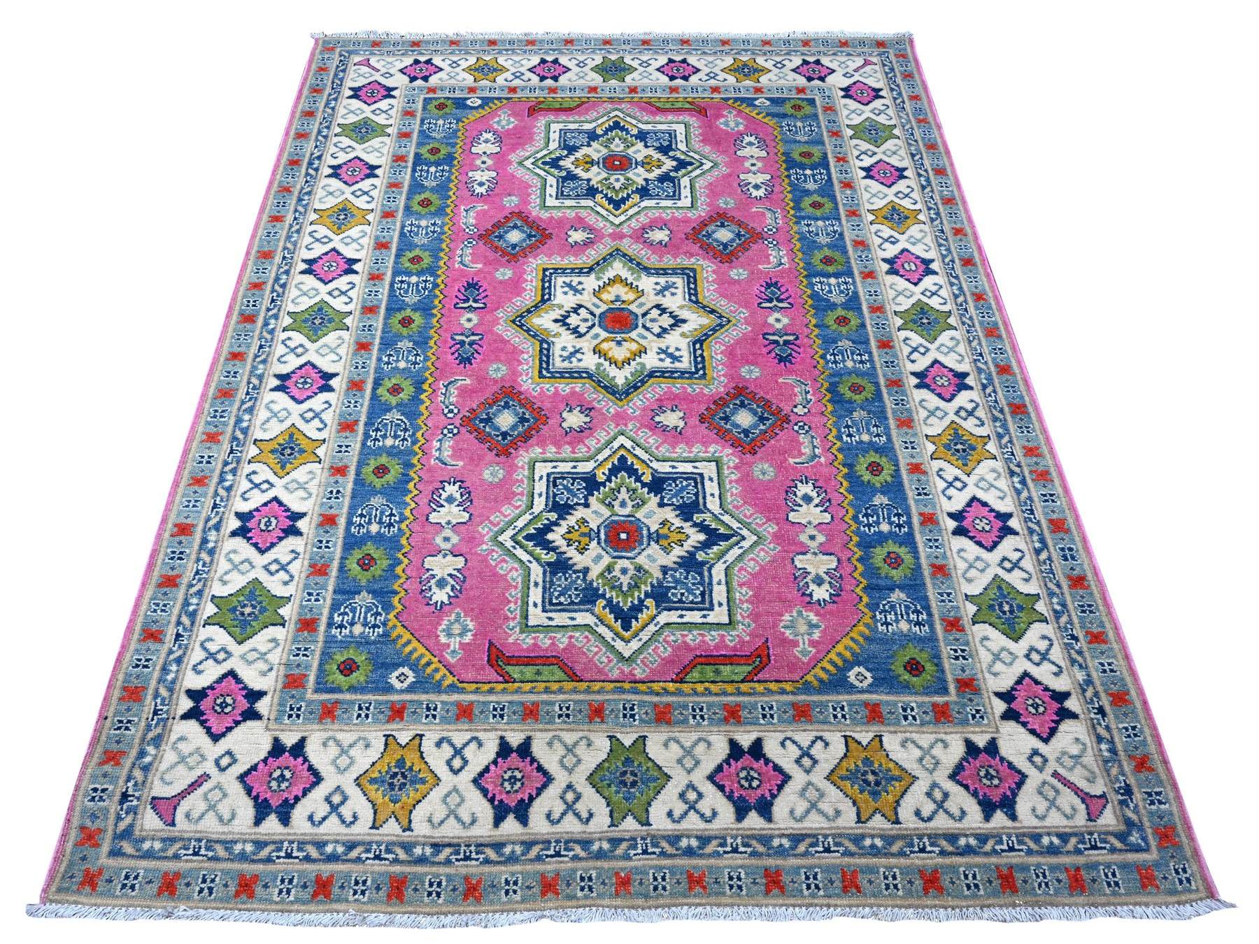 Kazak Tribal hand-knotted wool rug in Pink, 5'0" x 6'9", SKU O089338