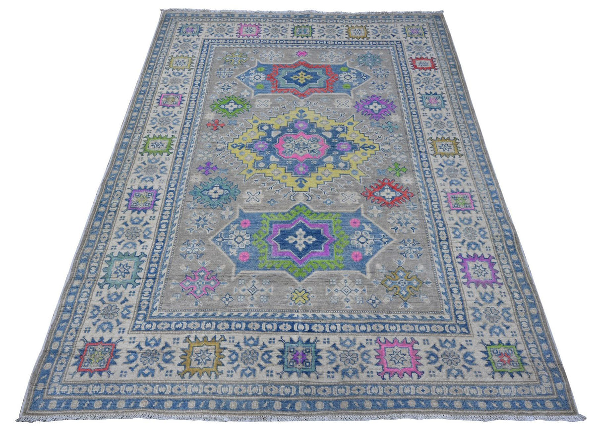 Kazak Tribal hand-knotted wool rug in Gray, 4'11" x 6'8", SKU O089340