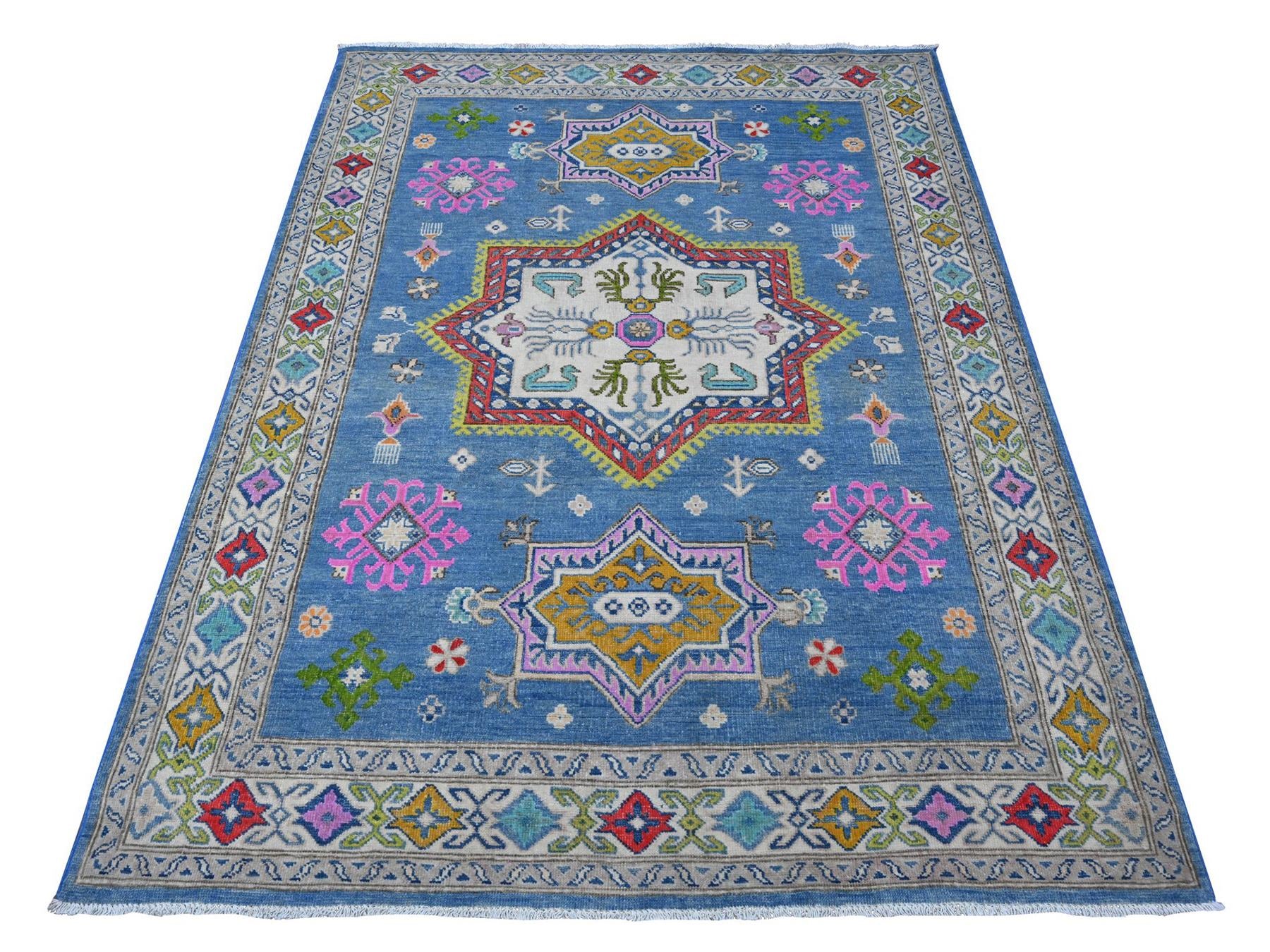 Kazak Tribal hand-knotted wool rug in Blue, 4'11" x 6'5", SKU O089343