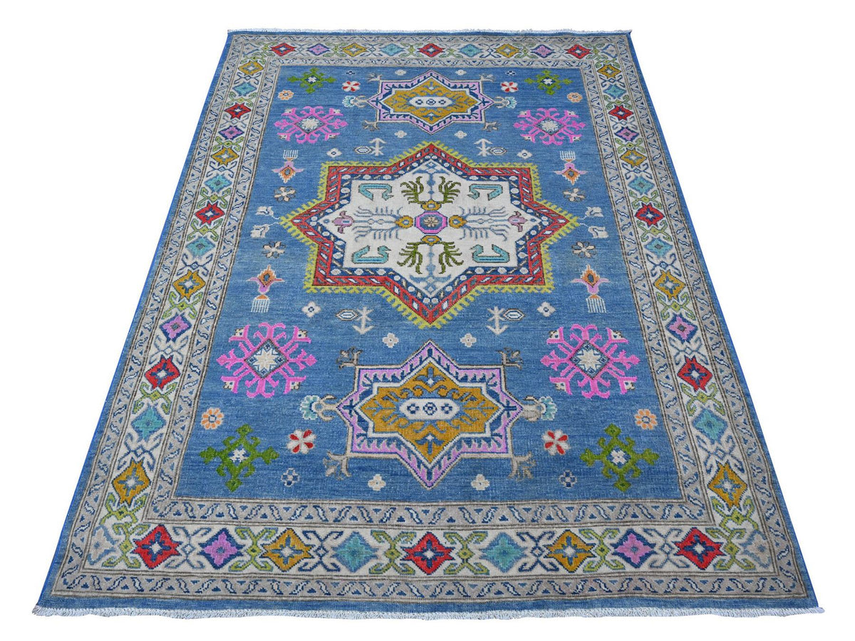 Kazak Tribal hand-knotted wool rug in Blue, 4'11" x 6'5", SKU O089343