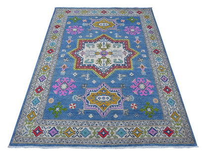 Kazak Tribal hand-knotted wool rug in Blue, 4'11" x 6'5", SKU O089343
