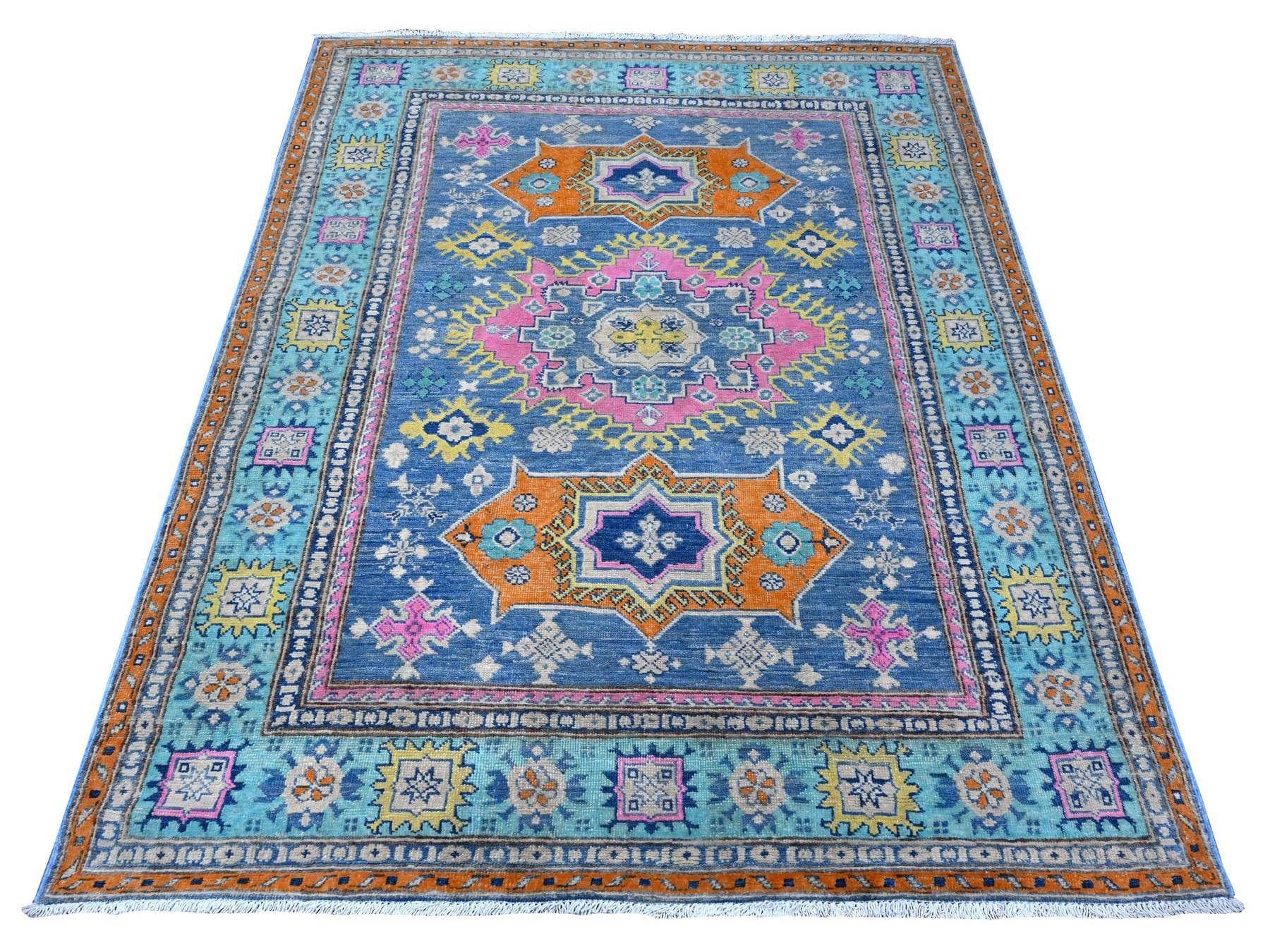 Kazak Tribal hand-knotted wool rug in Blue, 5'1" x 6'4", SKU O089347