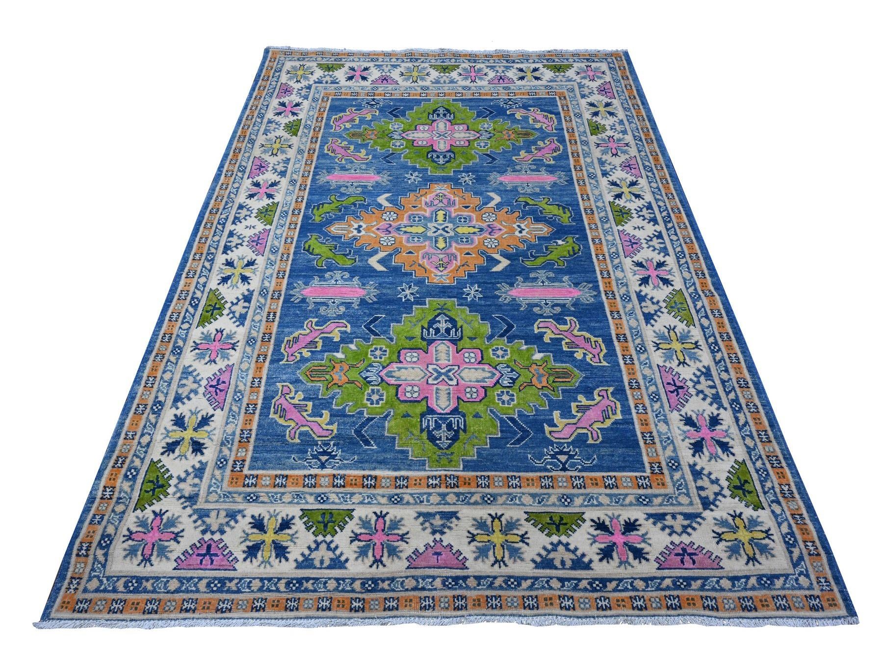Kazak Tribal hand-knotted wool rug in Blue, 5'5" x 7'9", SKU O089348