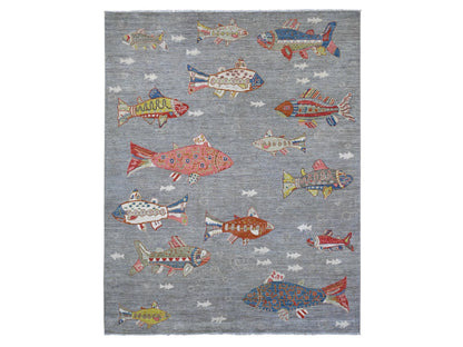 Grey 8'0" x 9'11" Modern / Contemporary Hand knotted Wool Rug - Sku: O089584
