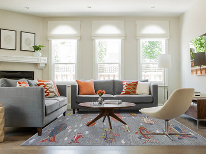 Grey 8'0" x 9'11" Modern / Contemporary Hand knotted Wool Rug - Sku: O089584
