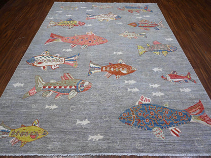 Grey 8'0" x 9'11" Modern / Contemporary Hand knotted Wool Rug - Sku: O089584