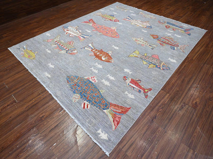 Grey 8'0" x 9'11" Modern / Contemporary Hand knotted Wool Rug - Sku: O089584
