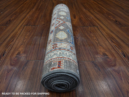 Grey 2'7" x 9'6" Oushak And Peshawar Hand knotted Wool Rug - Sku: O089604