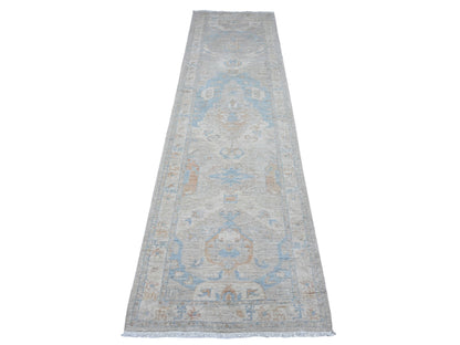 Grey 2'7" x 9'6" Oushak And Peshawar Hand knotted Wool Rug - Sku: O089627