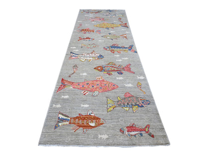 Grey 4'1" x 12'0" Modern / Contemporary Hand knotted Wool Rug - Sku: O089660
