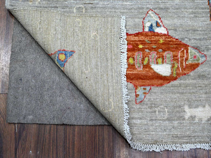 Grey 4'1" x 12'0" Modern / Contemporary Hand knotted Wool Rug - Sku: O089660