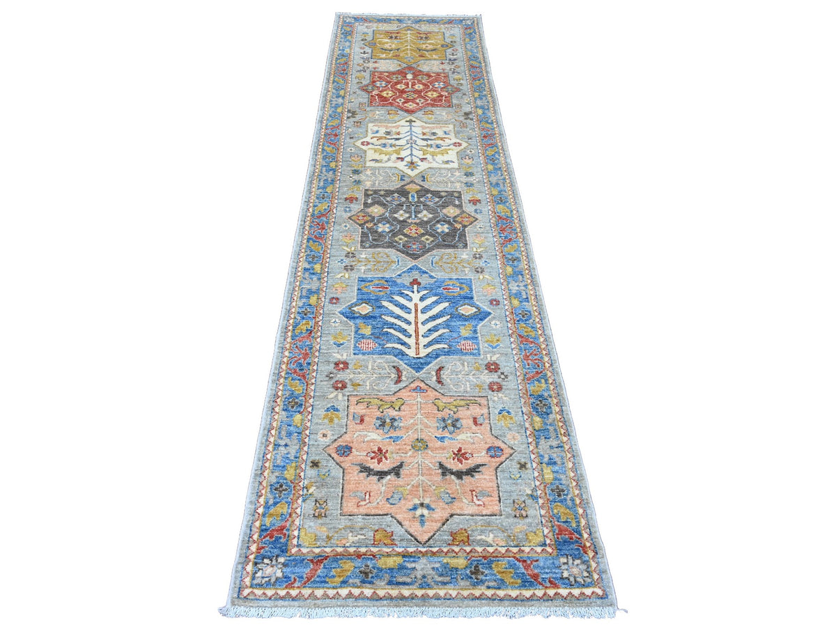 Peshawar Oushak hand-knotted wool runner in Gray & Blue, 2'7" x 10'1" — SKU O089816
