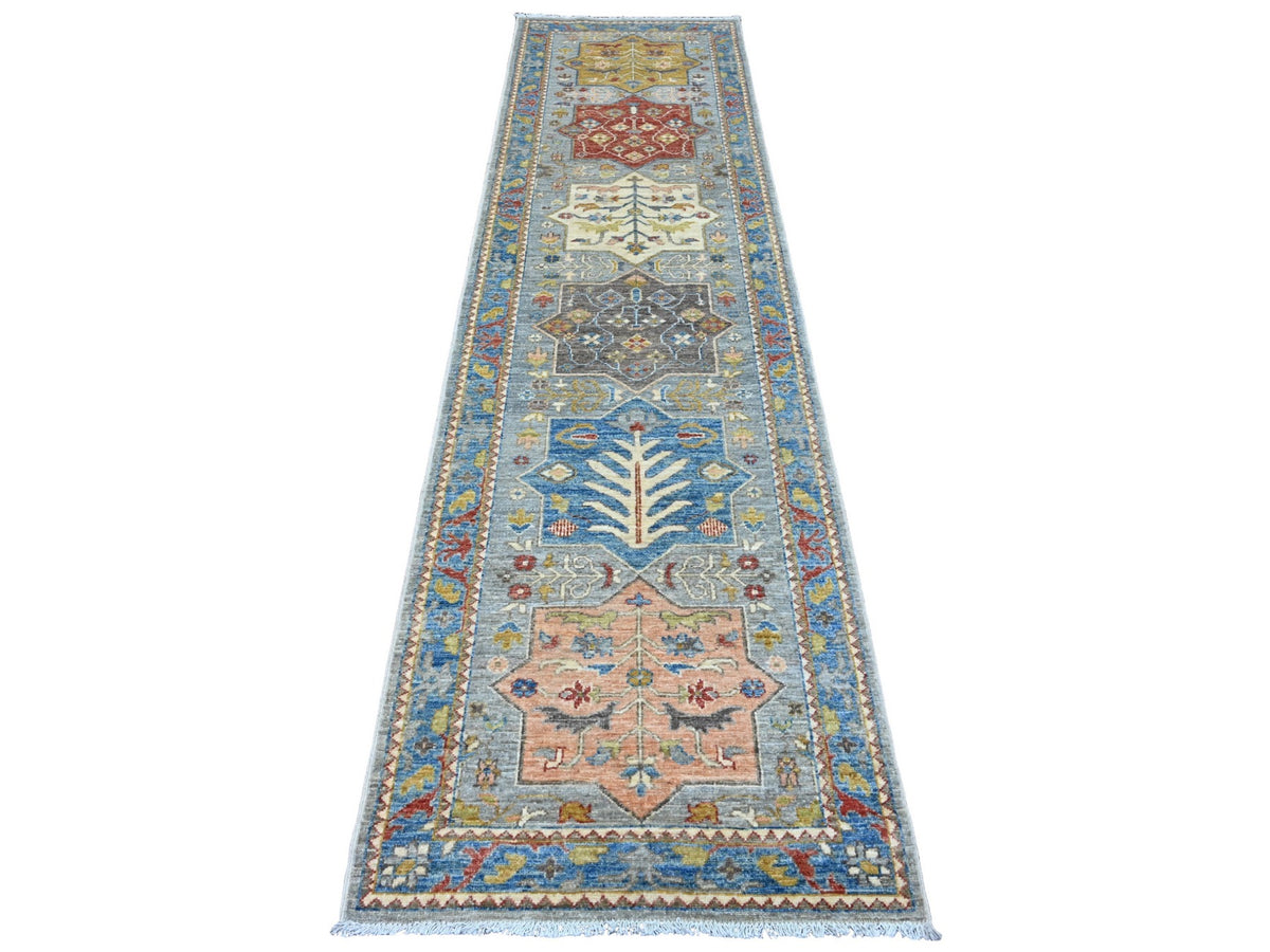 Peshawar Oushak hand-knotted wool runner in Gray & Blue, 2'8" x 10'2" — SKU O089819