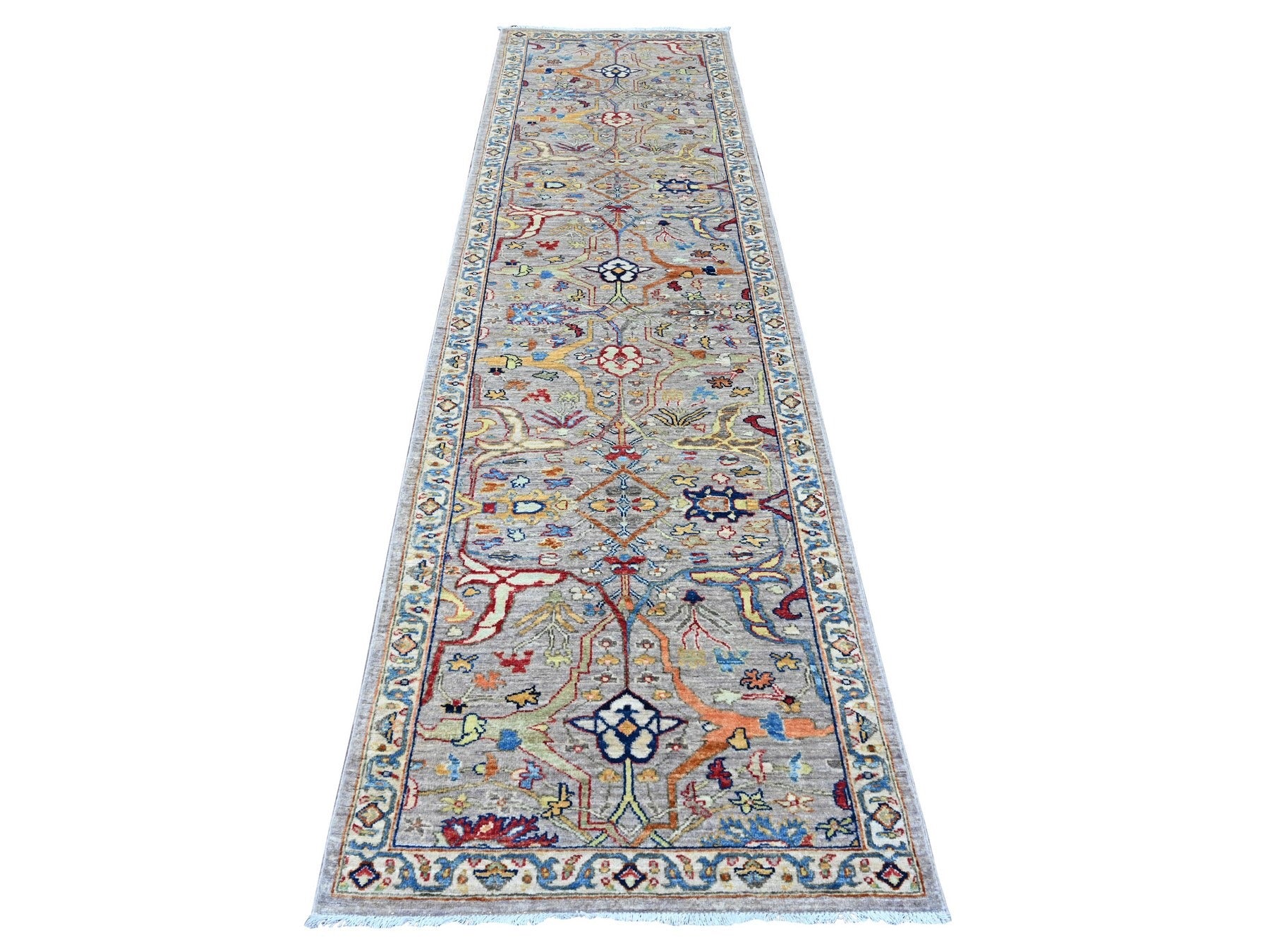 Peshawar Oushak hand-knotted wool runner in Gray & Ivory, 2'11" x 10'10" — SKU O089830