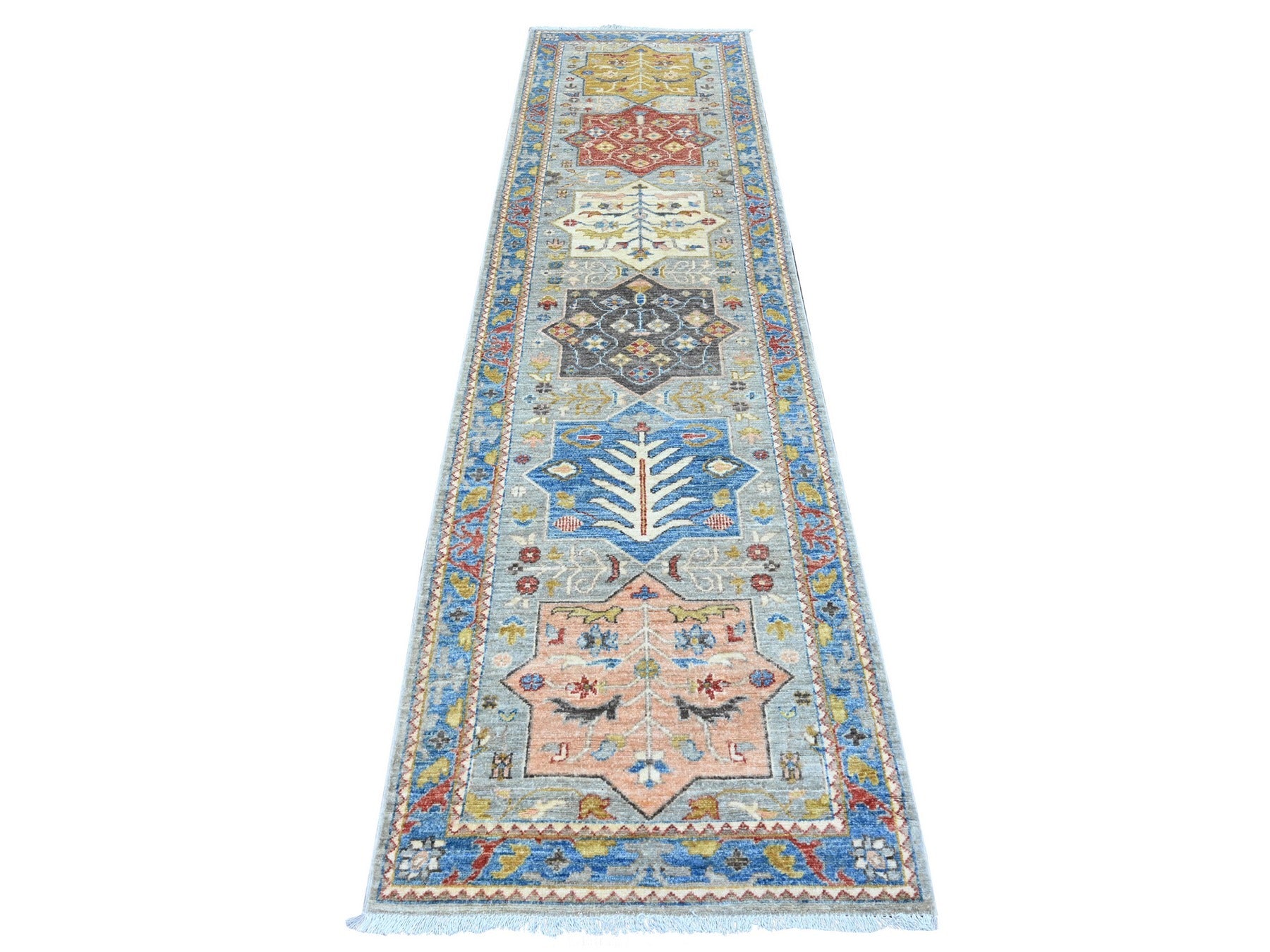 Peshawar Oushak hand-knotted wool runner in Gray & Blue, 2'7" x 10'2" — SKU O089831