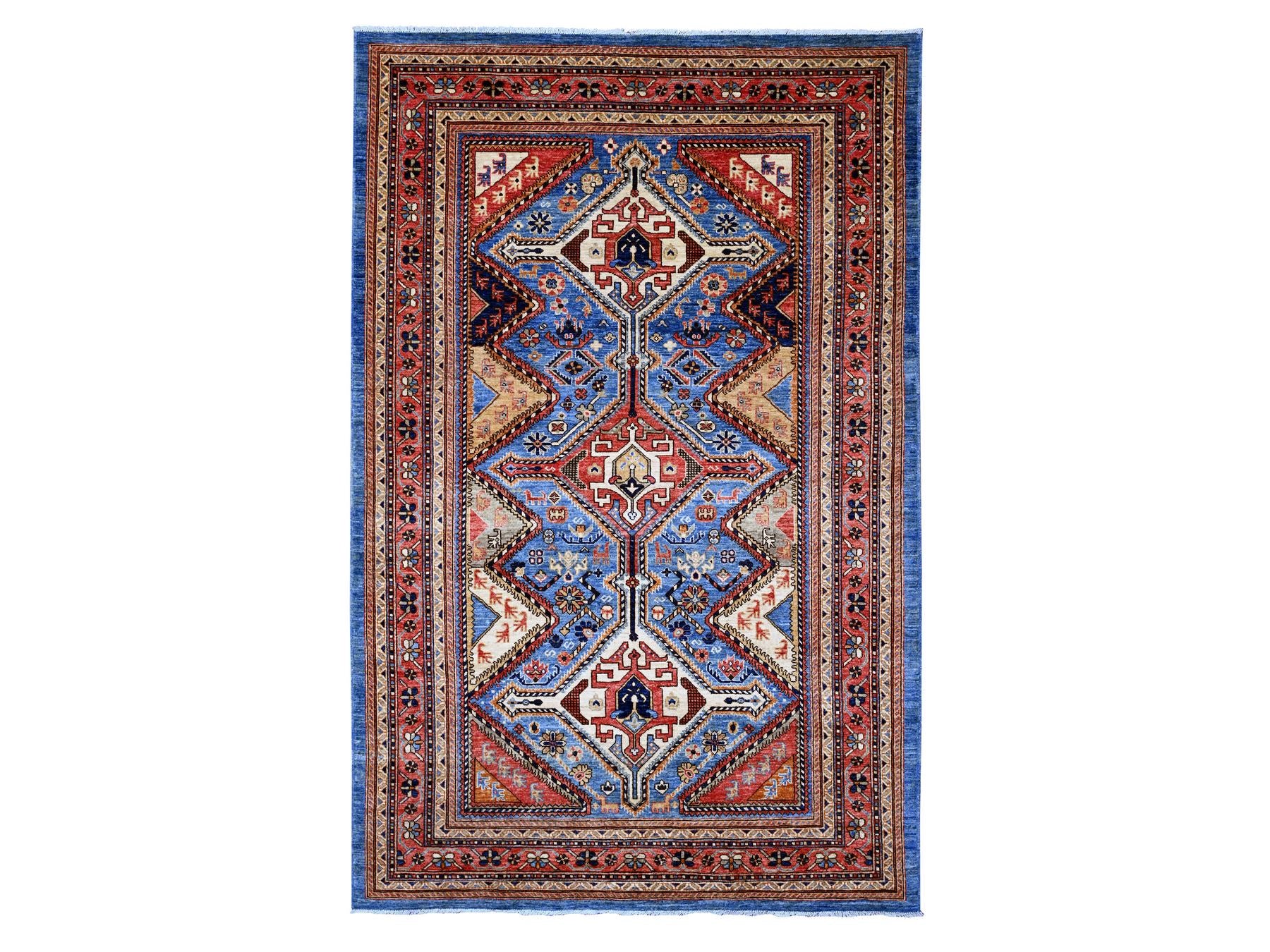 Qashqai Oushak hand-knotted wool rug in Blue & Red, 5'11" x 9' — SKU O089844