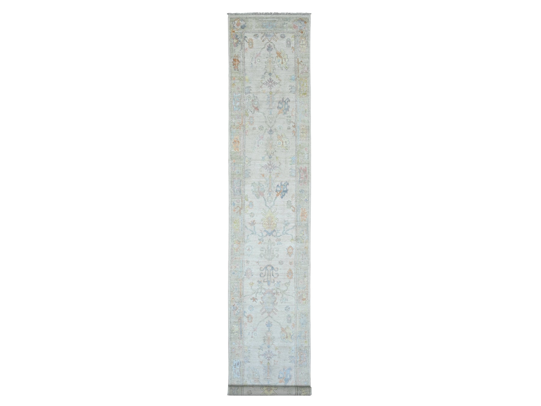 Oushak hand-knotted wool runner in Ivory & Green, 2'8" x 15'7" — SKU O089879