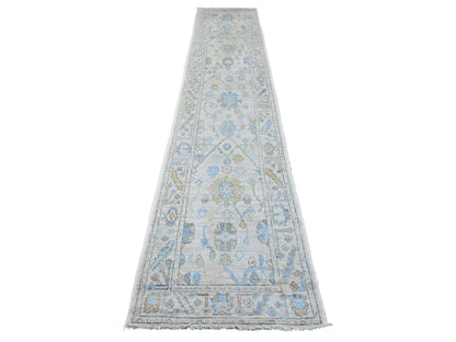 Ivory 2'8" x 13'6" Oushak And Peshawar Hand knotted Wool Rug - Sku: O089892