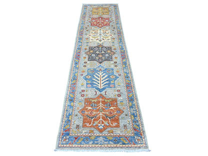 Peshawar Oushak hand-knotted wool runner in Gray & Blue, 2'7" x 10'2" — SKU O089912