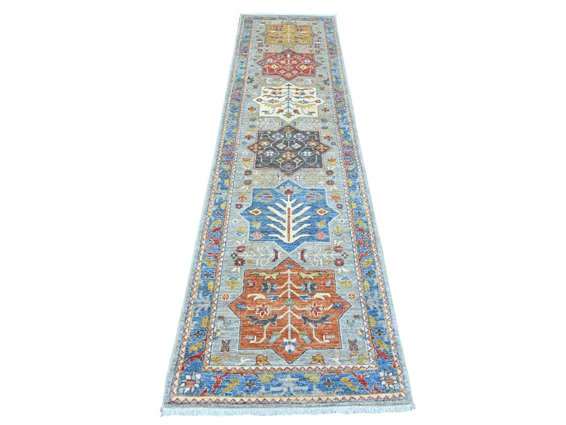 Peshawar Oushak hand-knotted wool runner in Gray & Blue, 2'7" x 10'2" — SKU O089917