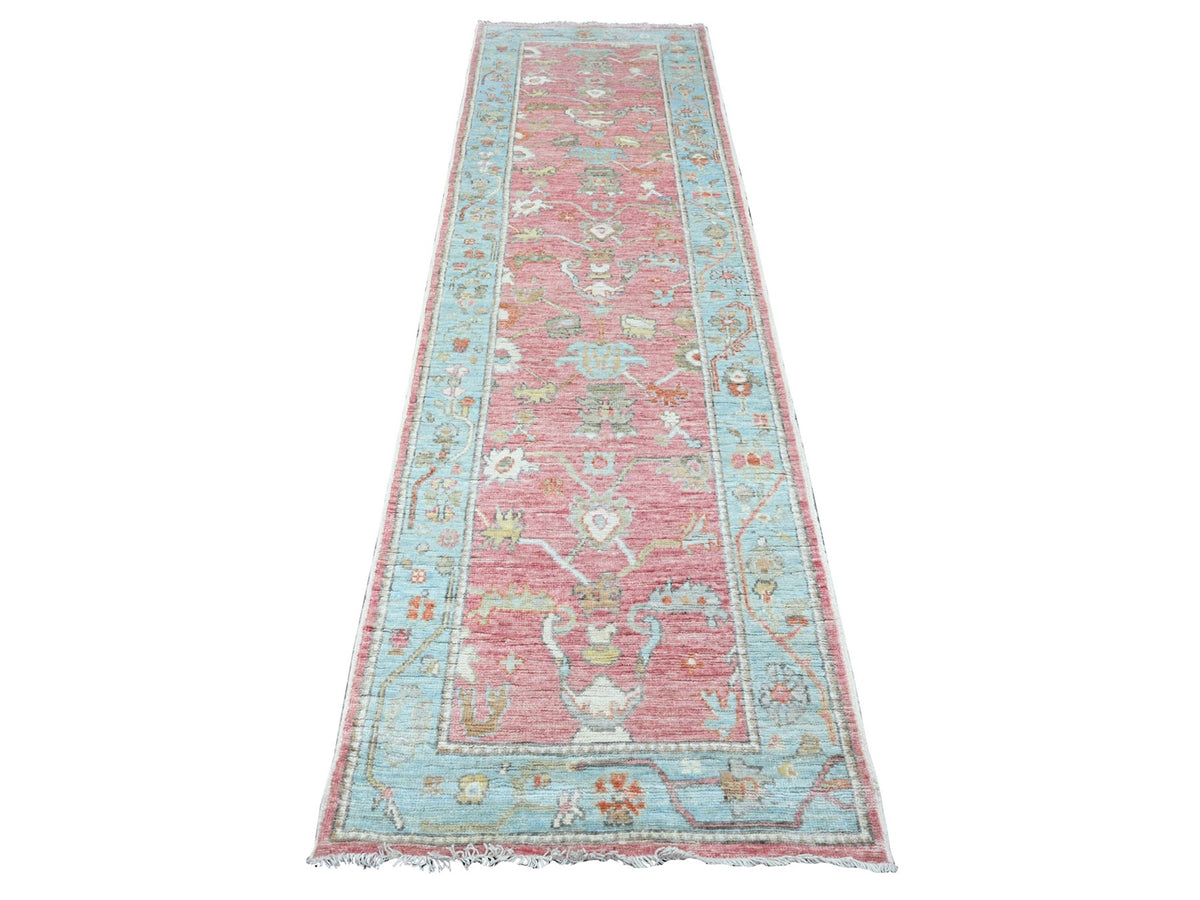Oushak Oushak hand-knotted wool runner in Pink & Light Blue, 2'9" x 9'5" — SKU O089925