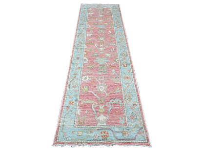 Oushak Oushak hand-knotted wool runner in Pink & Light Blue, 2'9" x 9'5" — SKU O089925
