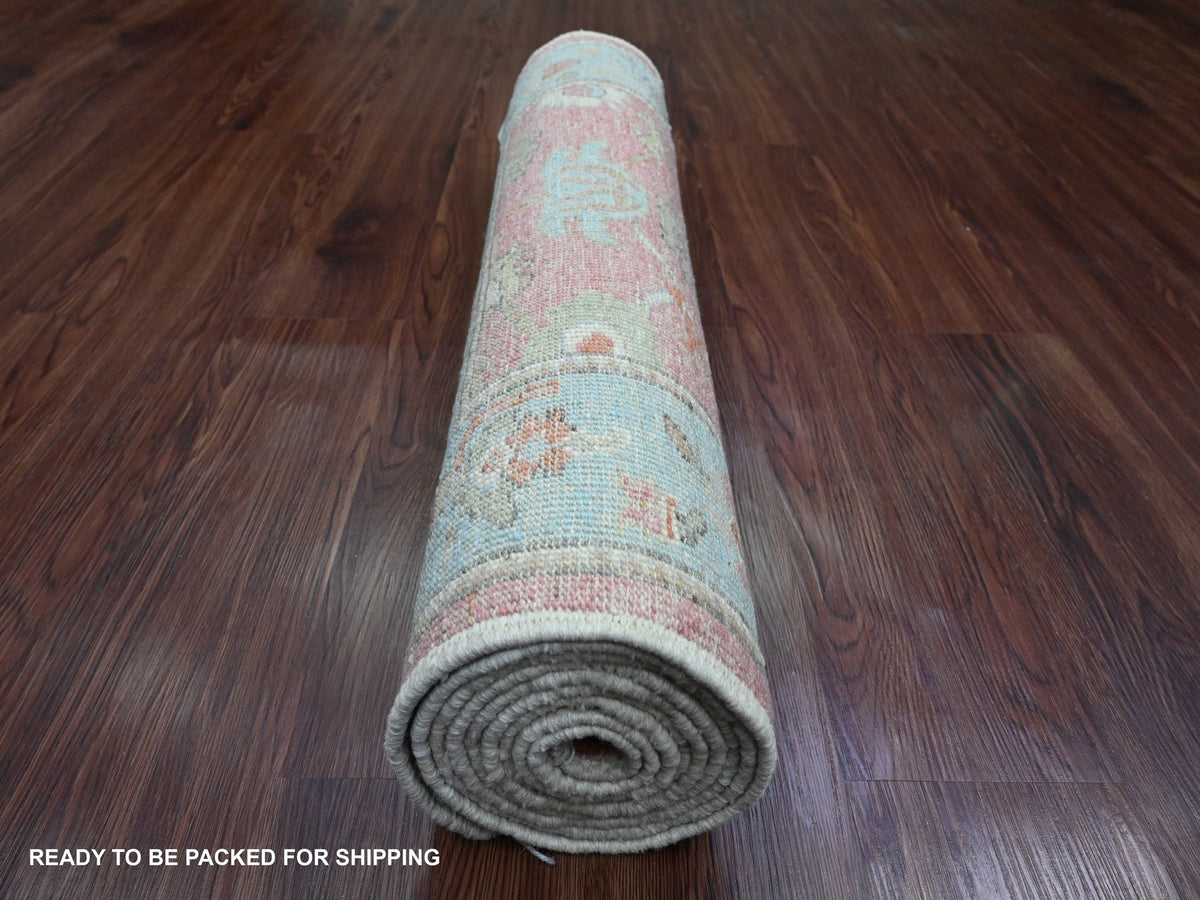 Oushak Oushak hand-knotted wool runner in Pink & Light Blue, 2'9" x 9'5" — SKU O089925 (view 4)