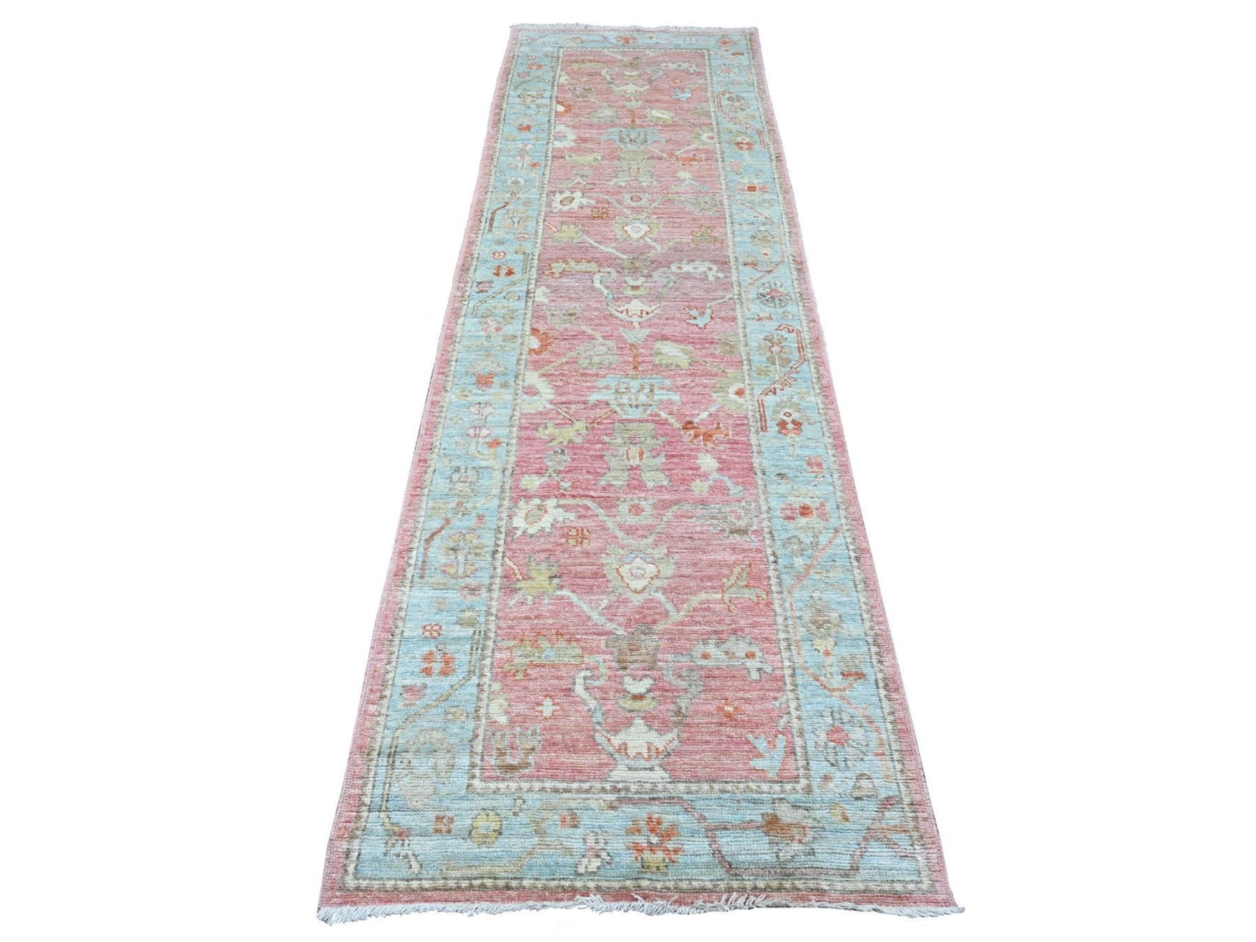 Oushak Oushak hand-knotted wool runner in Pink & Light Blue, 2'9" x 9'7" — SKU O089939