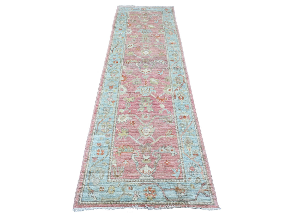 Oushak Oushak hand-knotted wool runner in Pink & Light Blue, 2'9" x 9'7" — SKU O089939