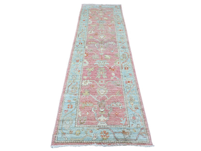Oushak Oushak hand-knotted wool runner in Pink & Light Blue, 2'9" x 9'7" — SKU O089939